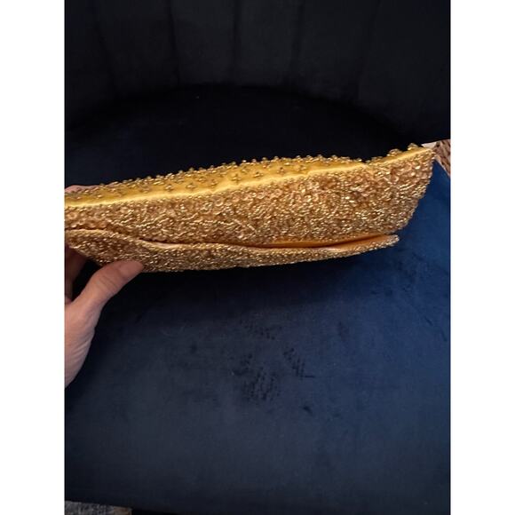 Vintage Gold/Yellow Beaded clutch 9x4.5x1.5 Made in Hong Kong - Picture 5 of 14